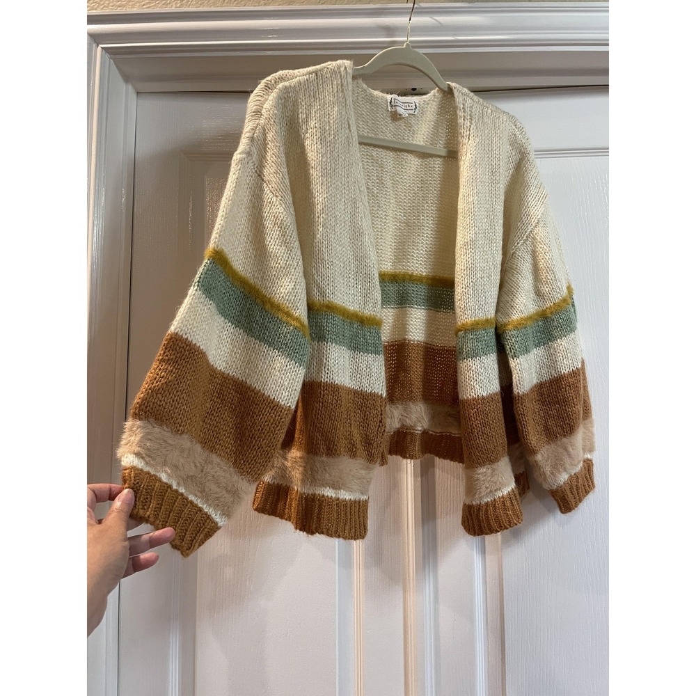 Loveriche Cardigan Sweater Womens M Multicolor Stripe Open Front Fur Trim Knit